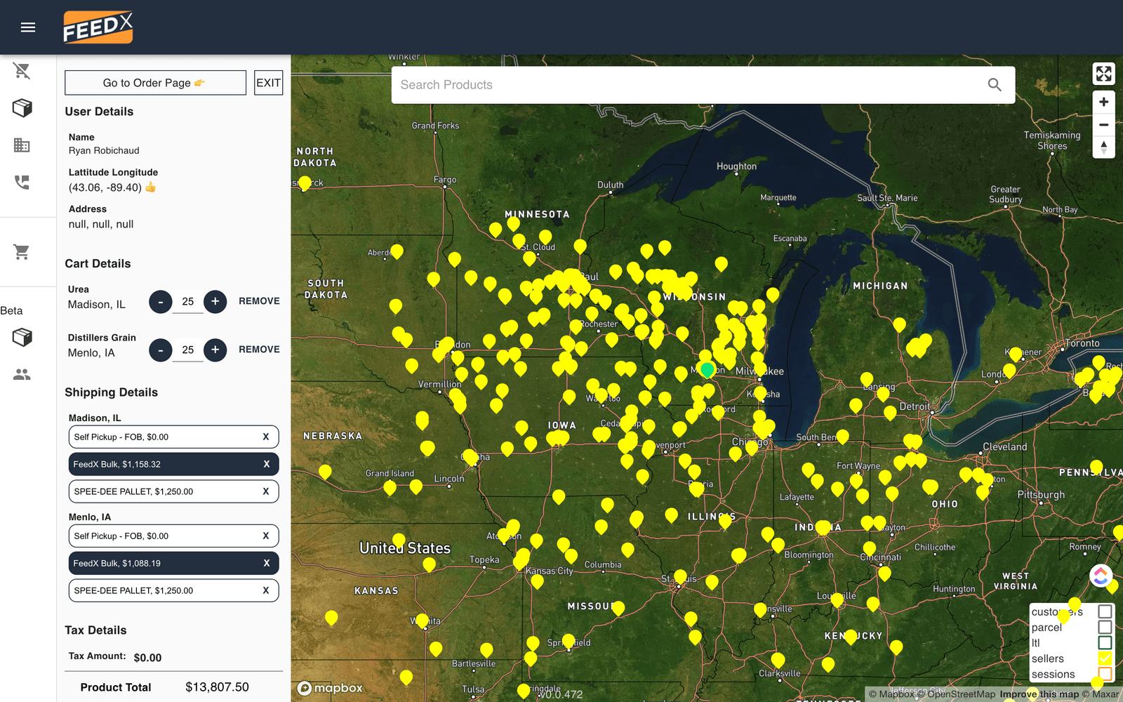 A screenshot of the FeedX admin dashboard showing logistics and trucking management features